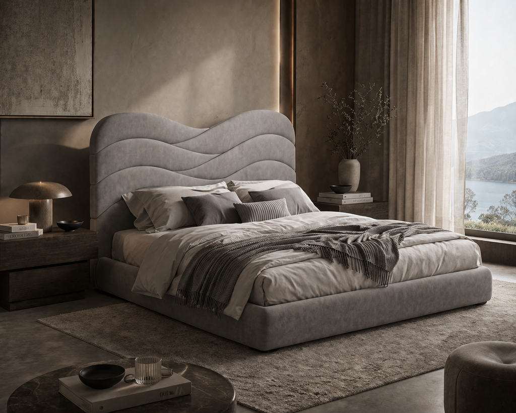 Modern bedroom with a gray upholstered bed and decorative elements.