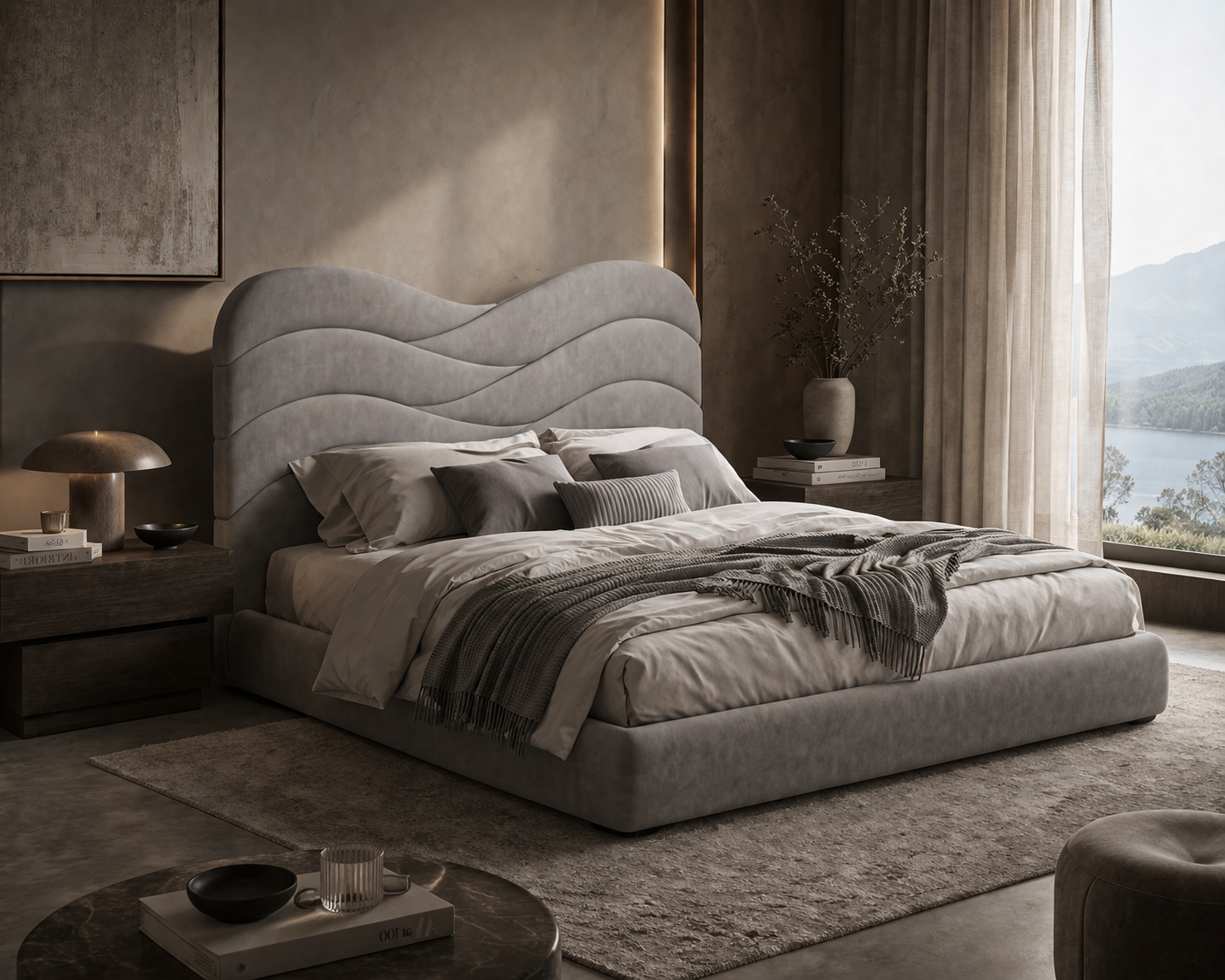 Modern bedroom with a gray upholstered bed and decorative elements.